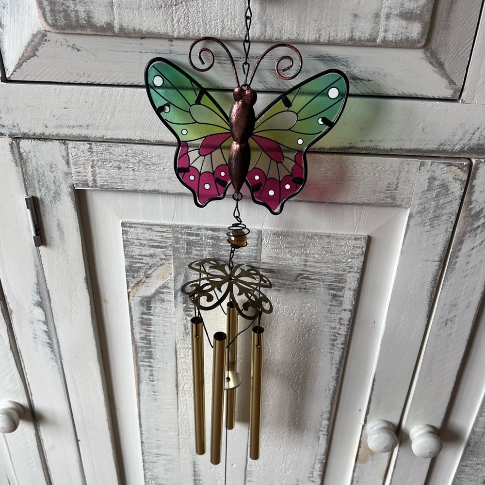 Butterfly Wind Chime with Green and Pink Accents